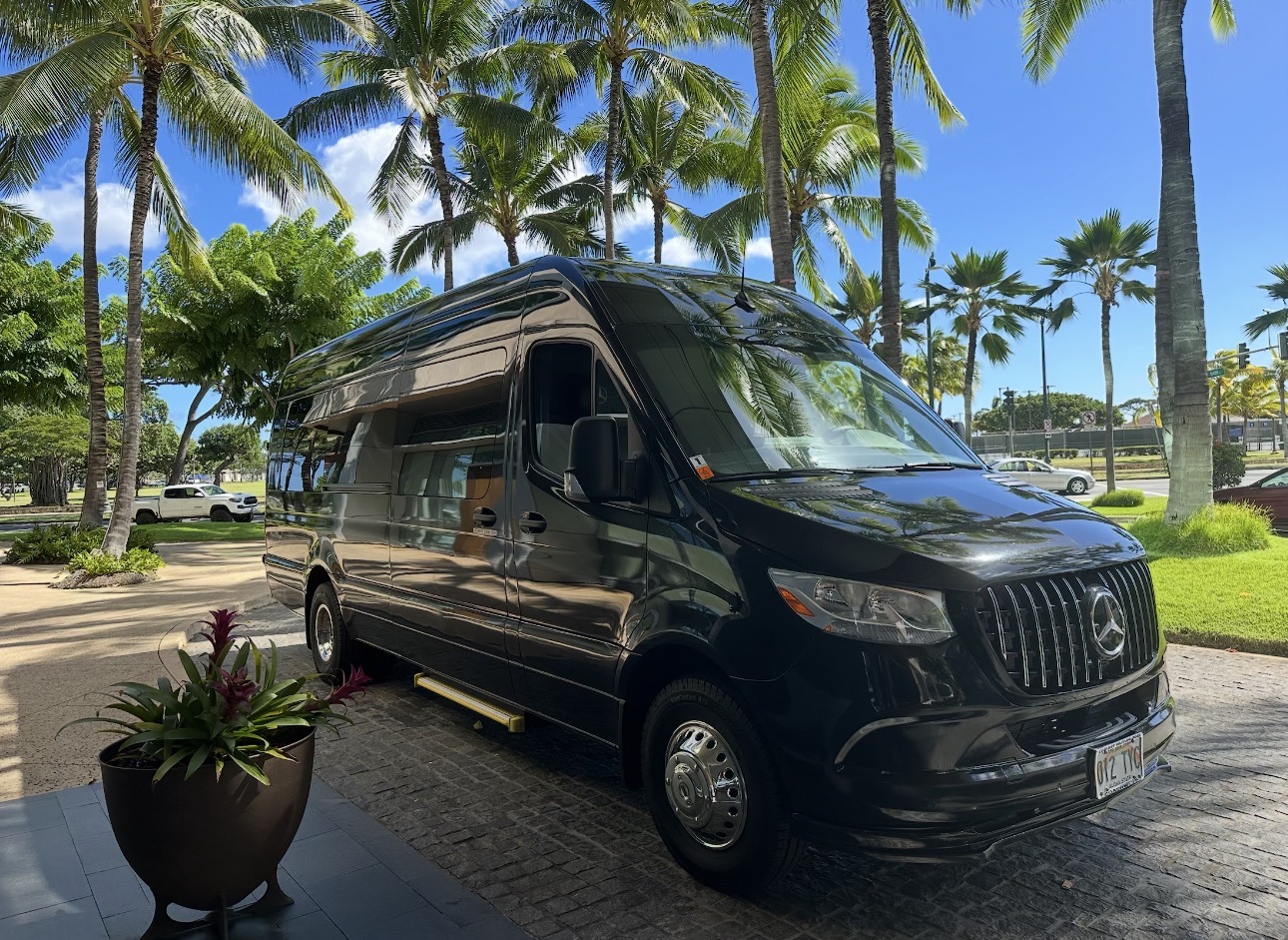 Black Mercedes Sprinter under palm trees at a Honolulu property entrance