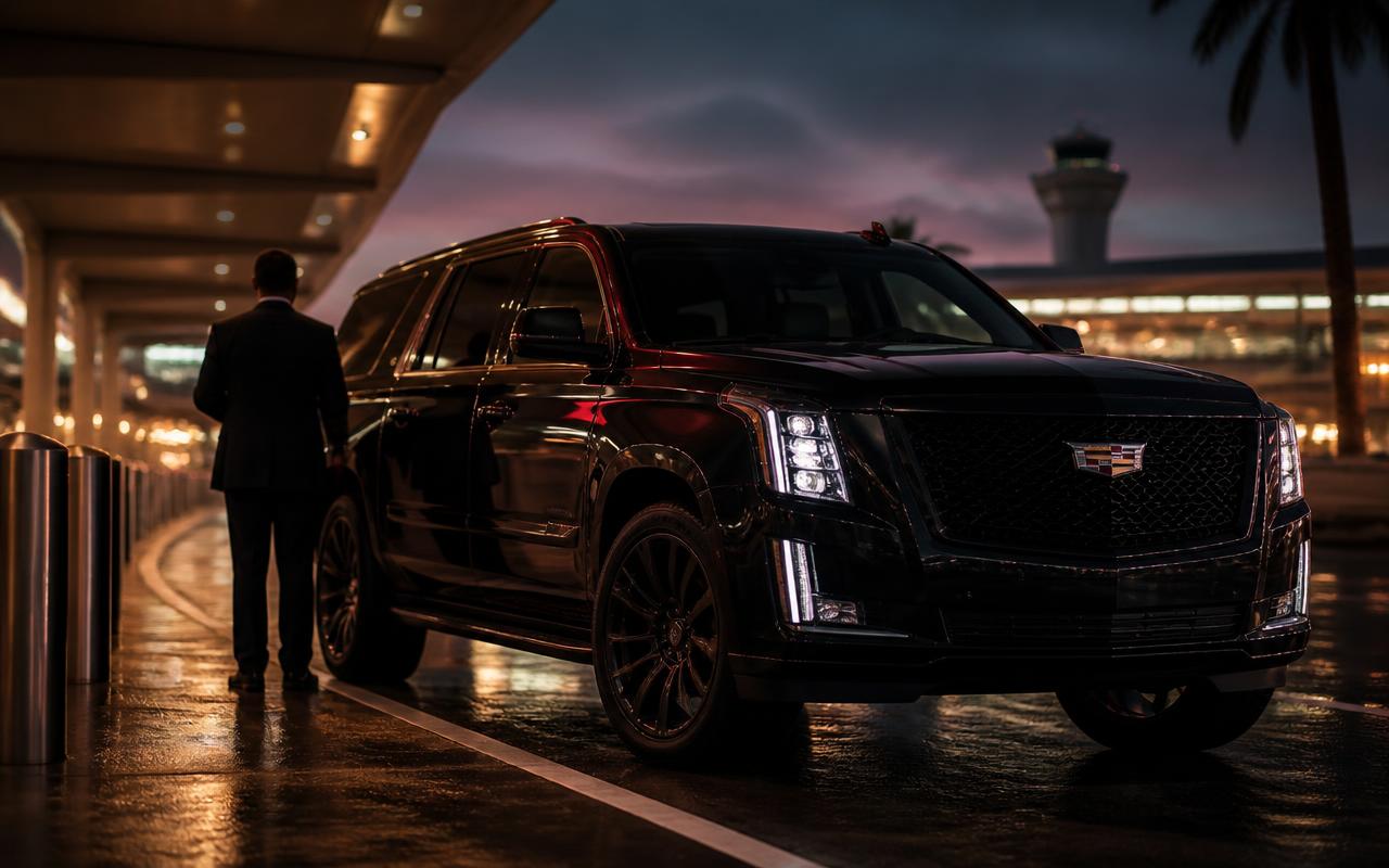 Black luxury SUV waiting at Honolulu International Airport at dusk