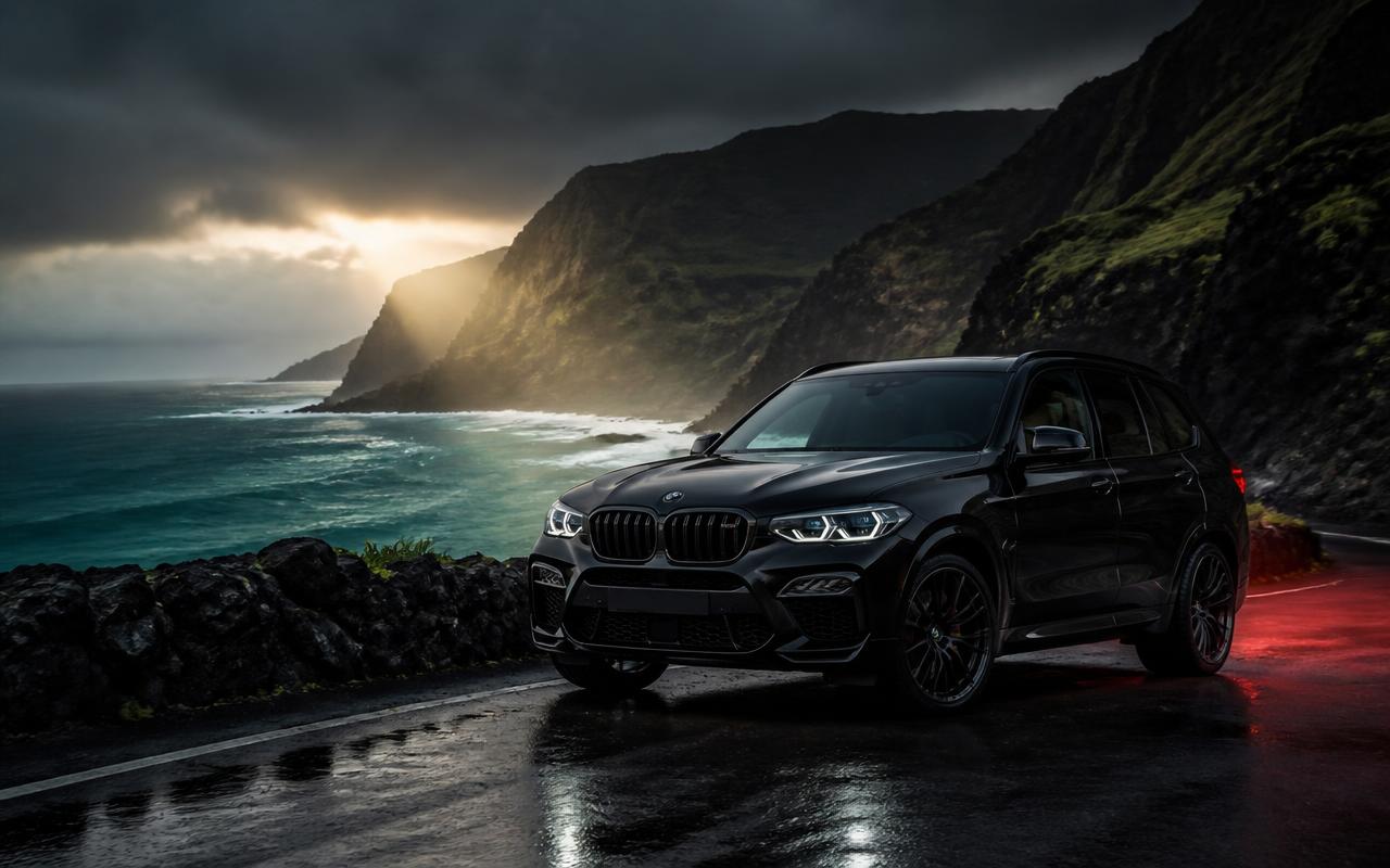 Black luxury SUV on a coastal road on Oʻahu with cliffs and ocean