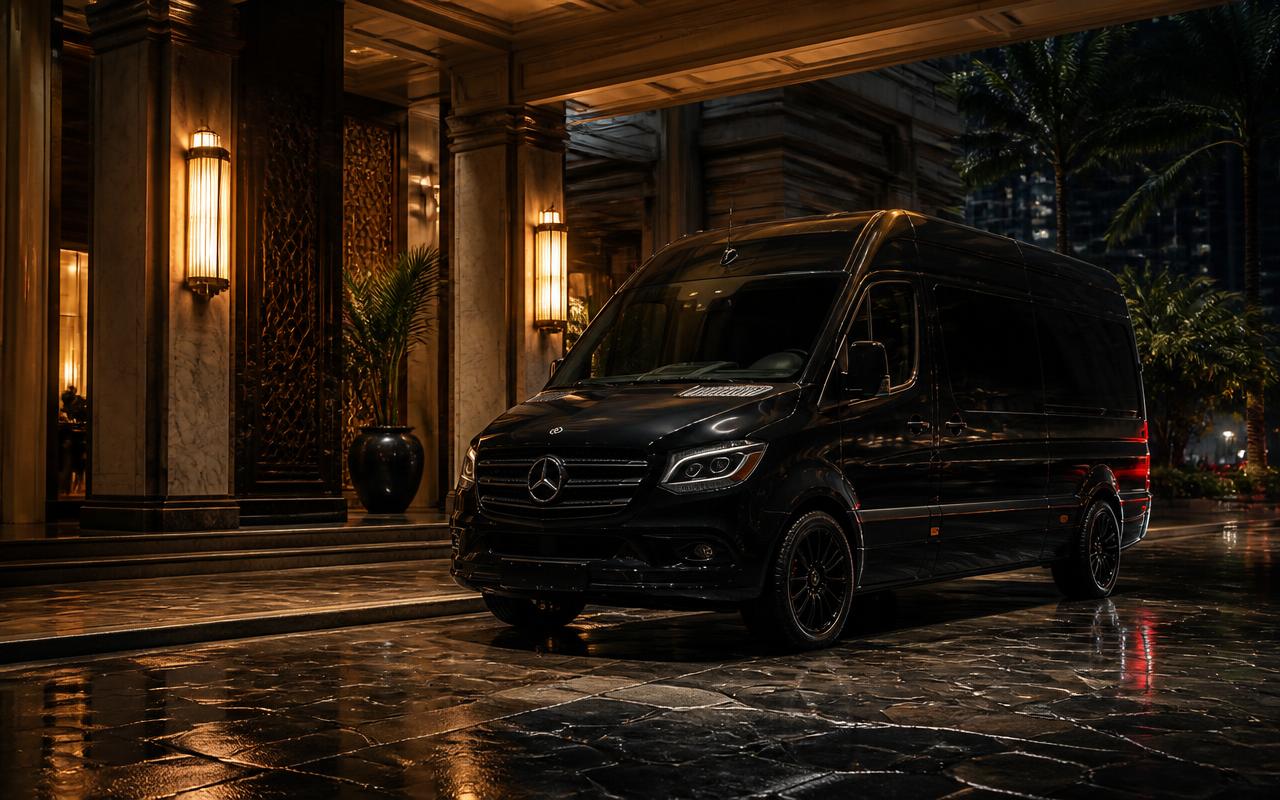 Black luxury van at a five-star hotel entrance at night