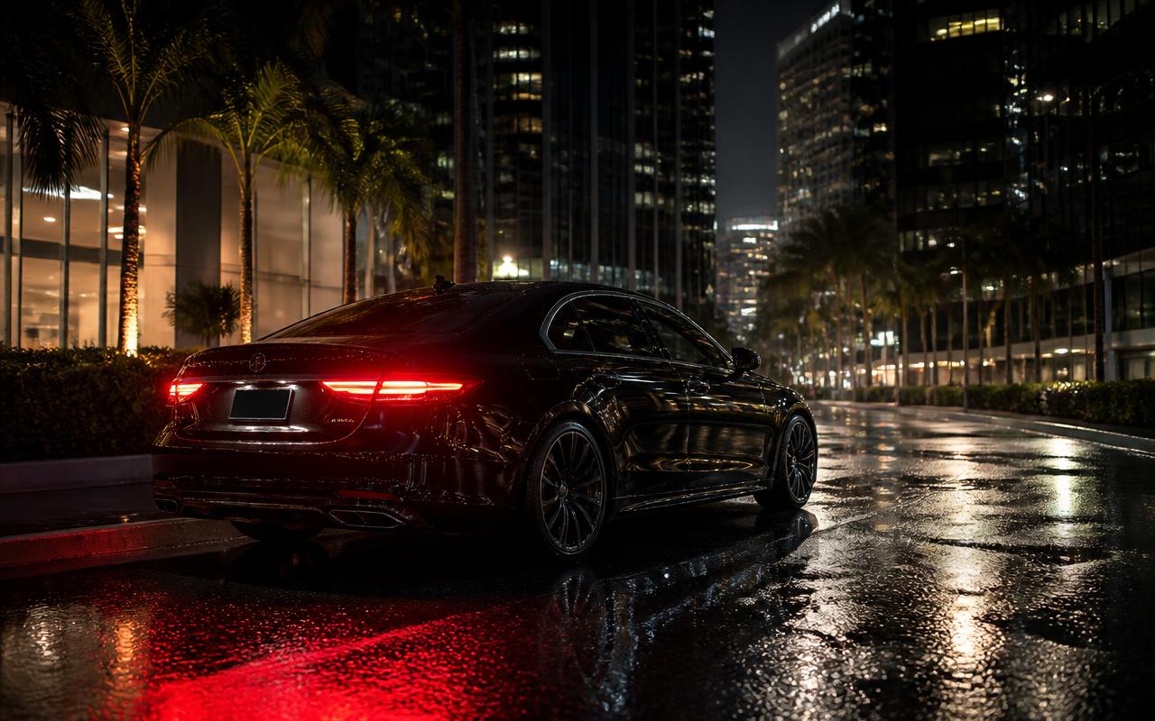 Black luxury sedan on wet Honolulu streets at night