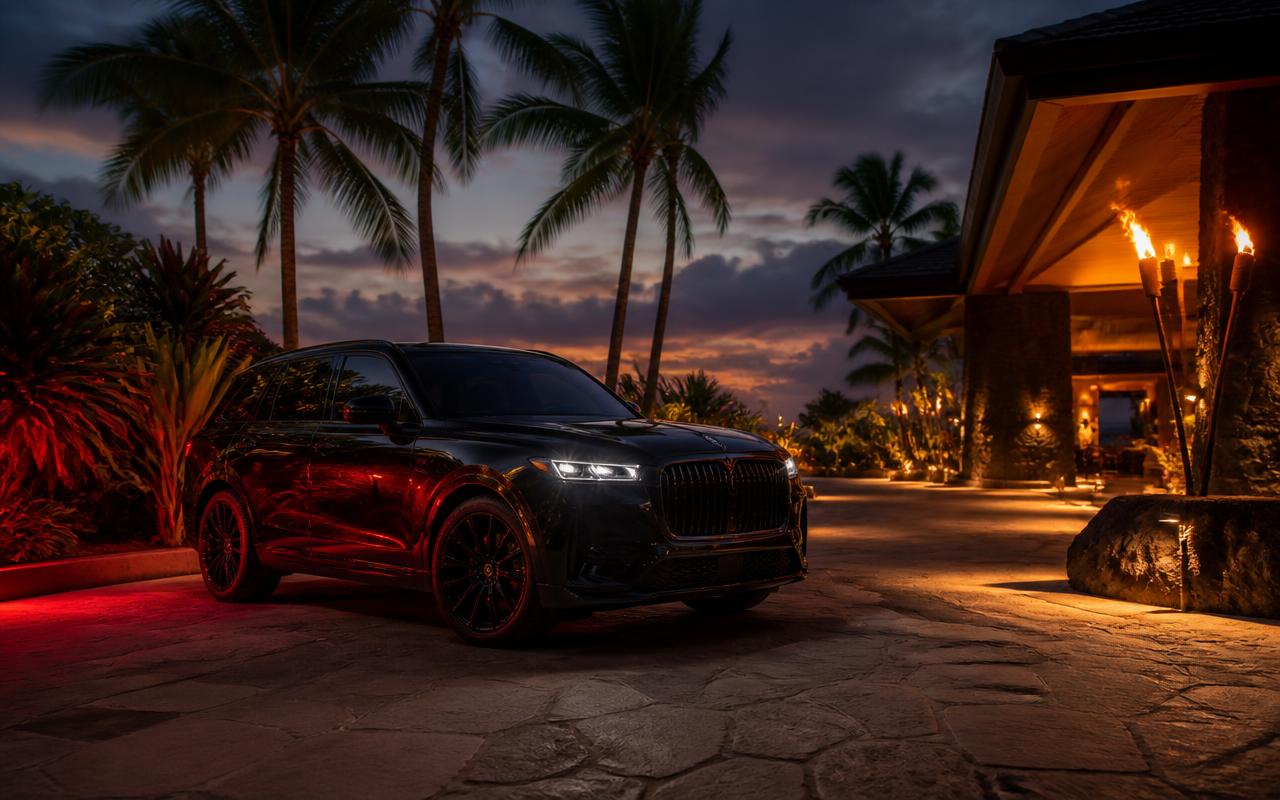 Black luxury SUV arriving at a tropical Hawaiian resort at dusk