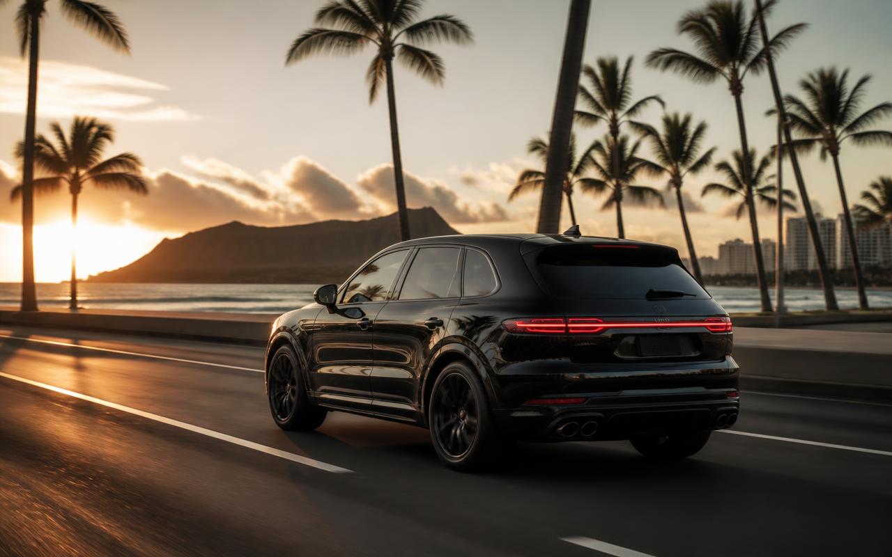 Black luxury SUV on the Waikiki beachfront with Diamond Head behind